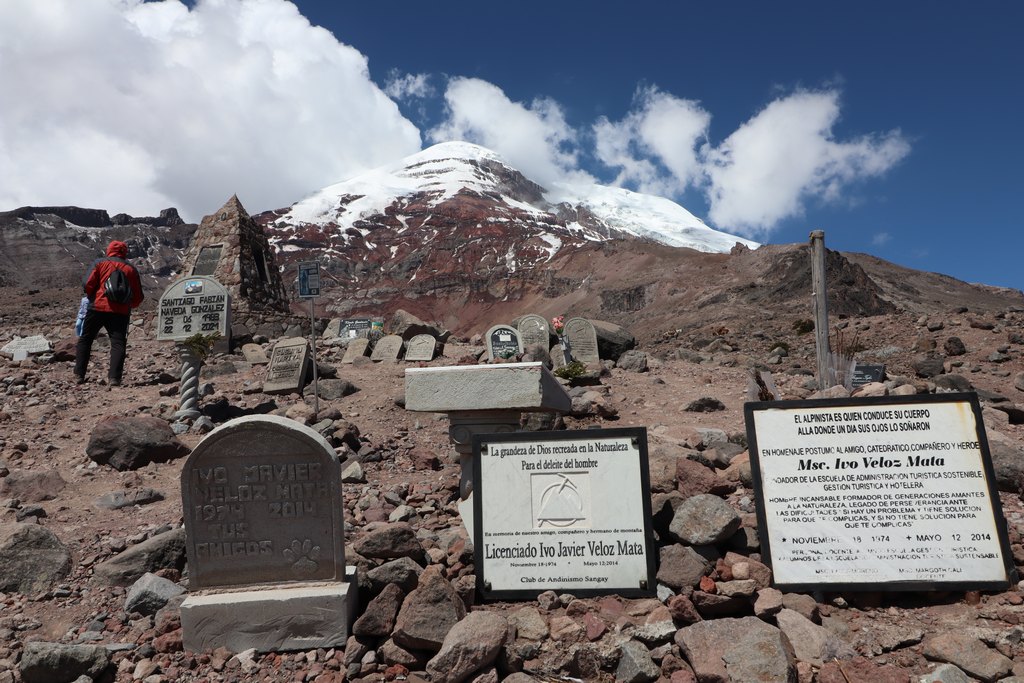 Grabsteine von gestorbenen Bergsteigern. Im Hintergrund der schneebedeckte Chimborazo.
