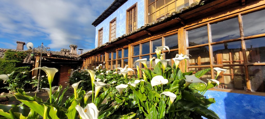 Garten der Hostería La Andaluz am Tag miet vielen Blumen.