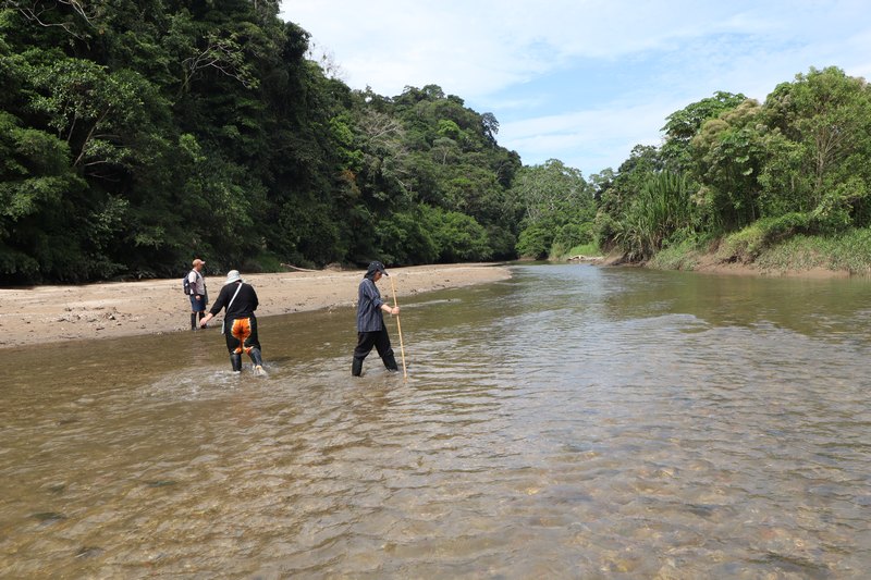 Menschen laufen mit Gummiestiefel durch den Fluss