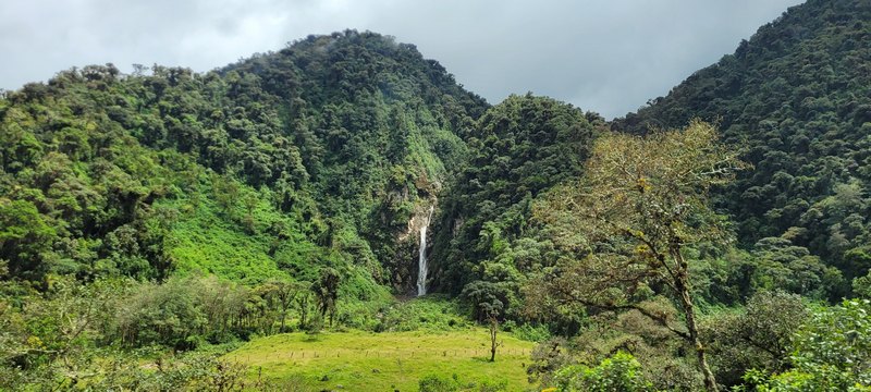 Hügel im Nebel mit Wasserfall